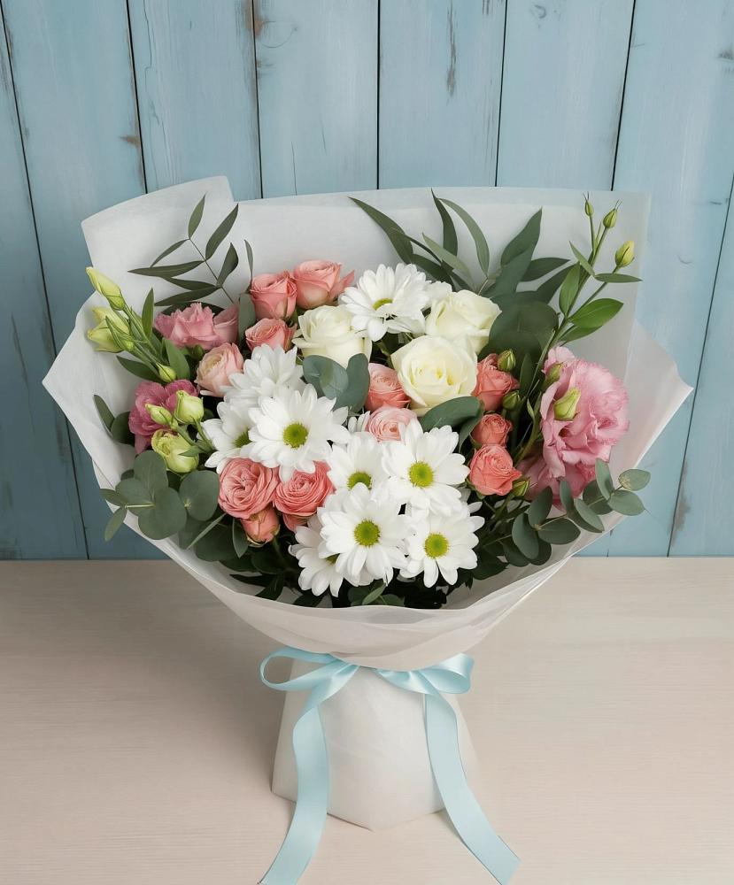 Букет цветов из: Розы, Лизиантусы и Хризантемы в Посёлок имени М. И. Калинина