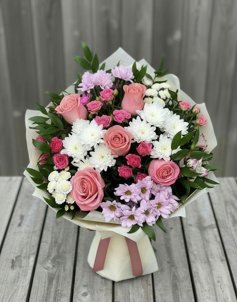 Букет цветов из: Альстромерии, Гвоздики, Розы и Хризантемы в Посёлок имени М. И. Калинина