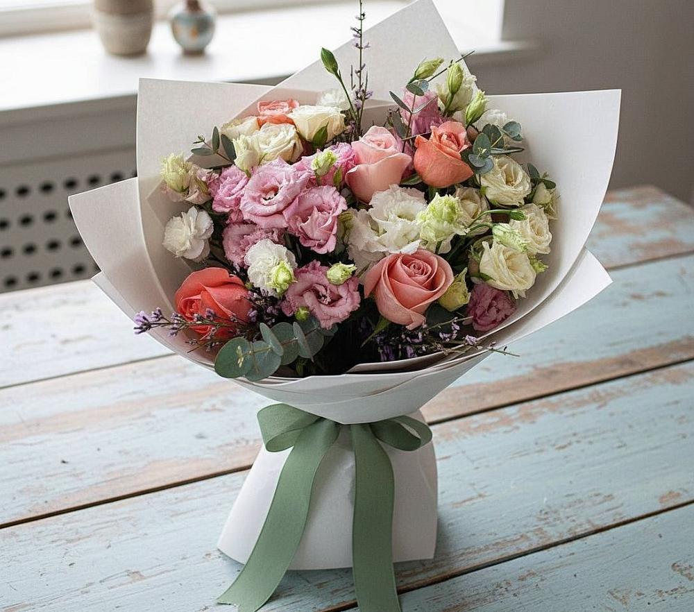 Букет цветов из: Розы, Лизиантусы и Гвоздики в Посёлок имени М. И. Калинина