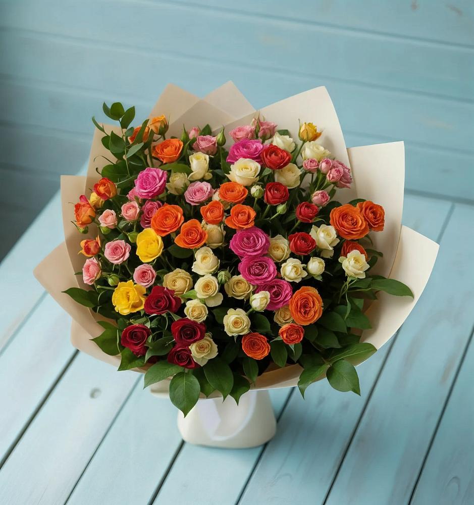 Букет Микс из разноцветных кустовых роз в Посёлок имени М. И. Калинина