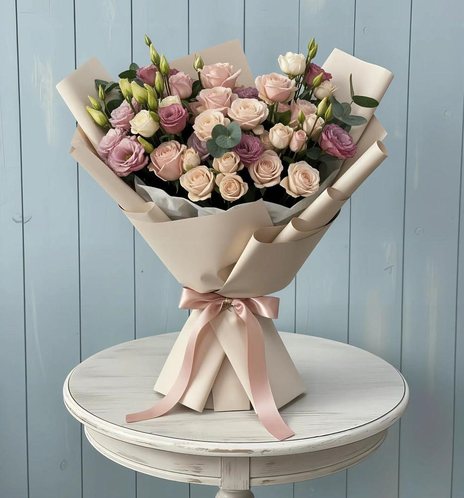 Букет цветов из: Розы и Лизиантусы в Посёлок имени М. И. Калинина