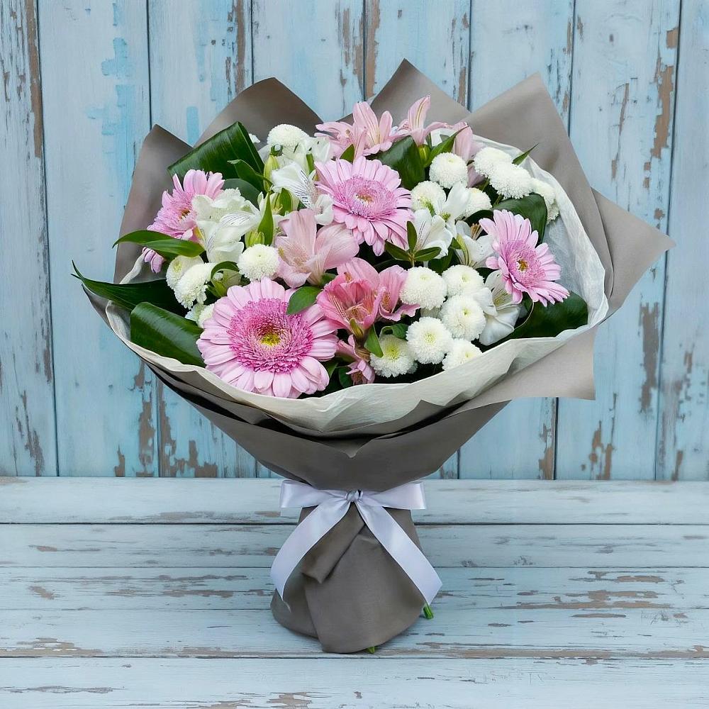 Букет цветов из: Герберы, Альстромерии и Хризантемы в Посёлок имени М. И. Калинина