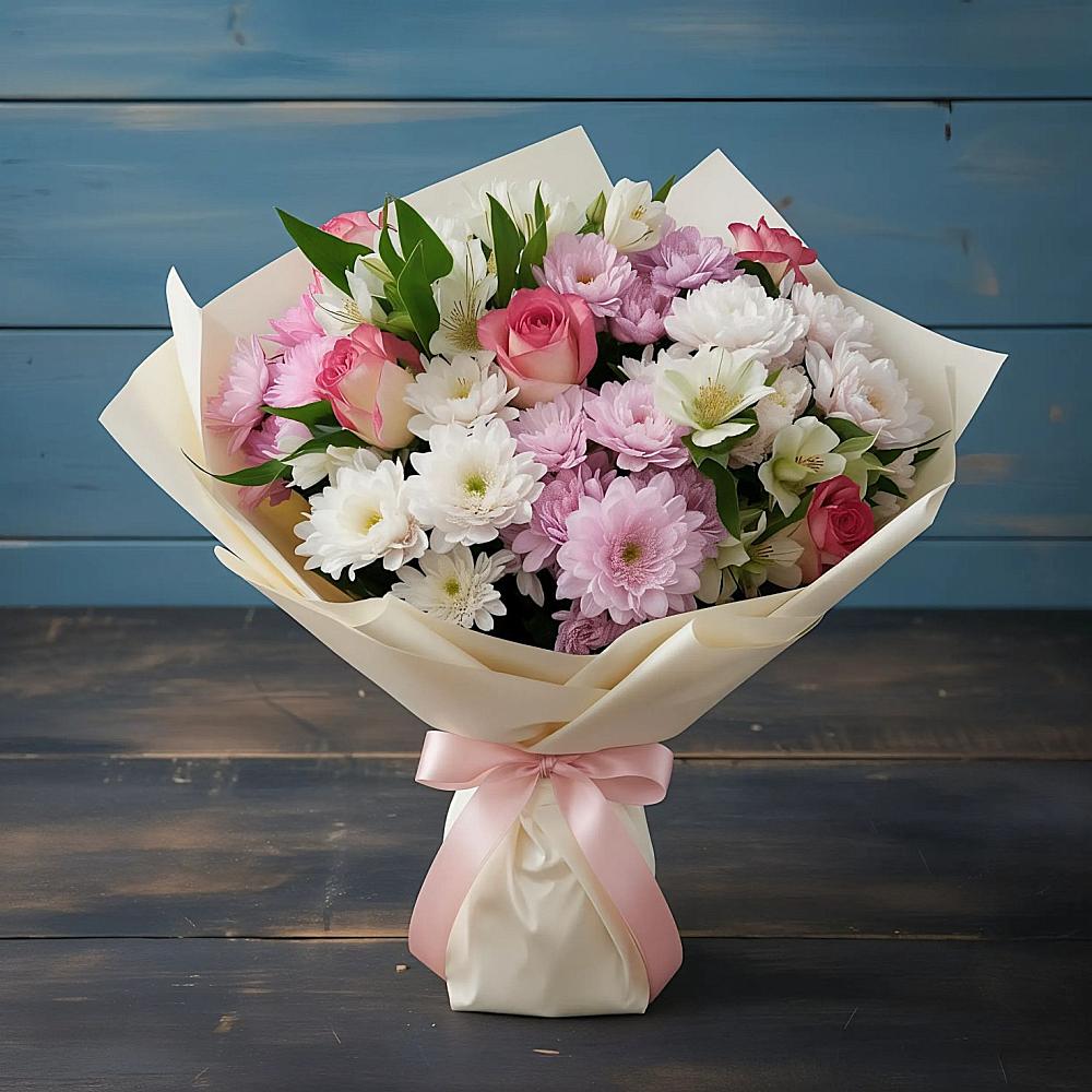 Букет цветов из: Хризантемы, Альстромерии и Розы в Посёлок имени М. И. Калинина